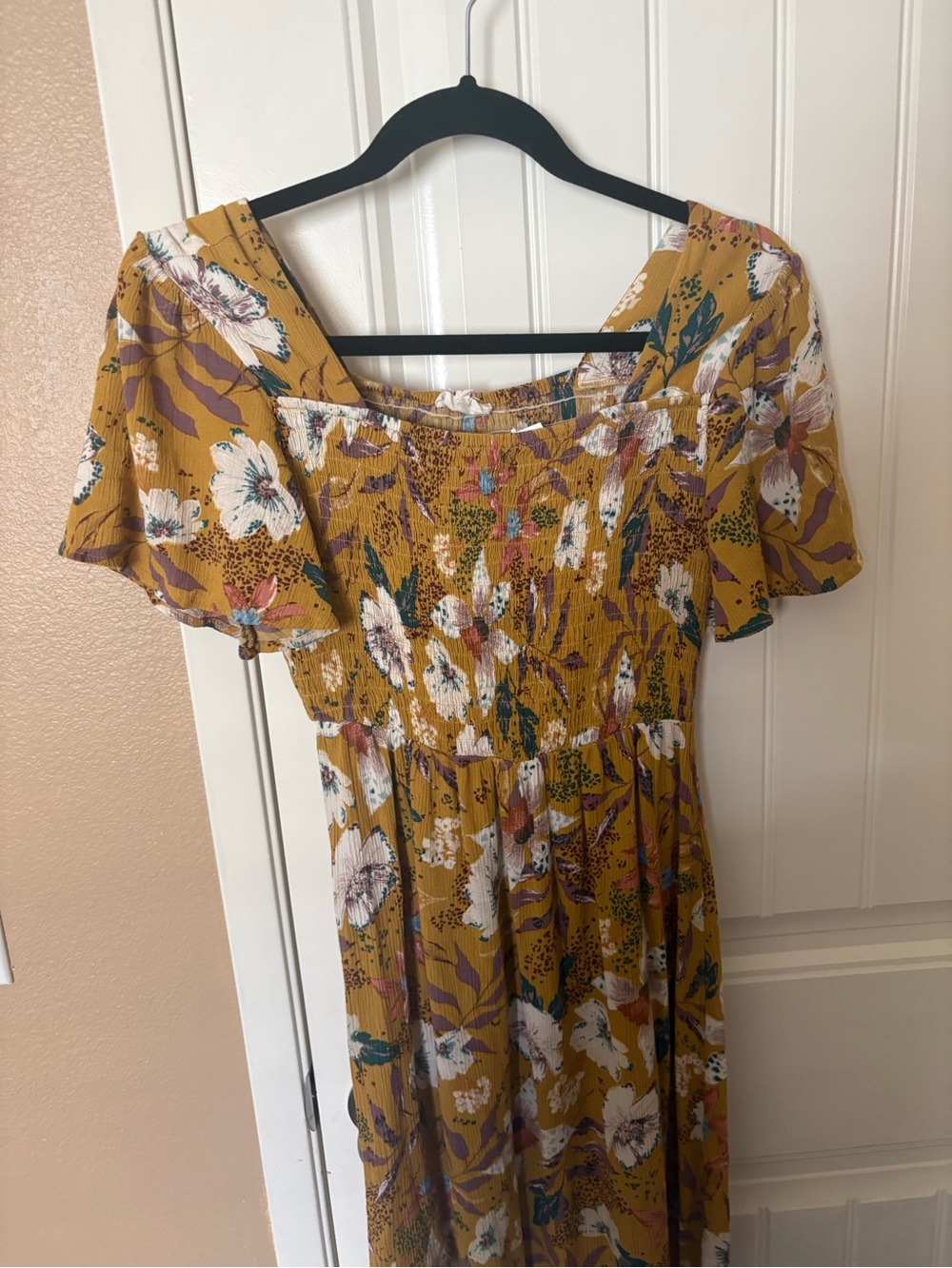 Roolee Mustard Floral Off-Shoulder Maxi Dress XS boho chic peasant cottagecore